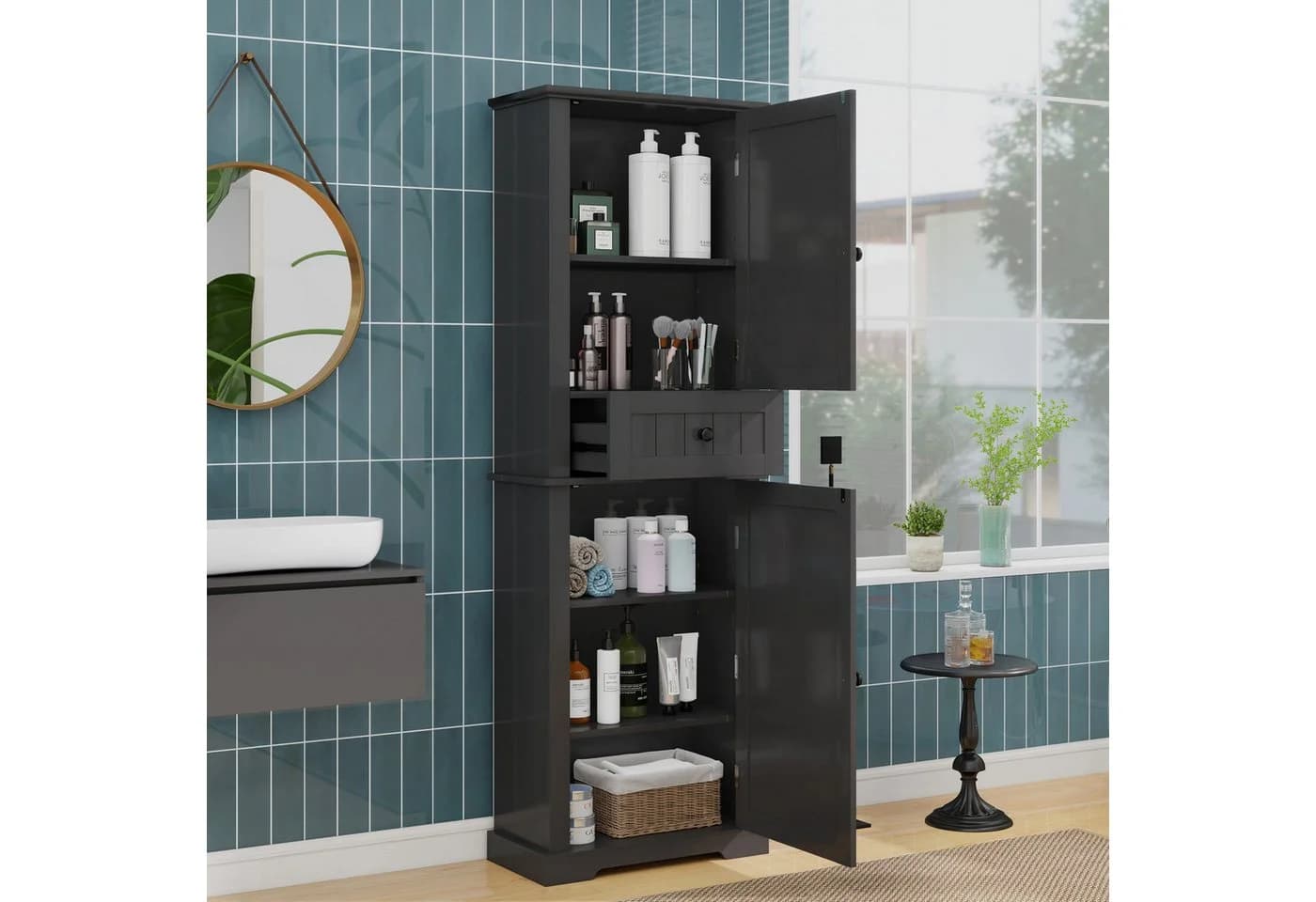 REDOM Hochschrank Bad Schwarz mit gerillten Fronten - Bild 2