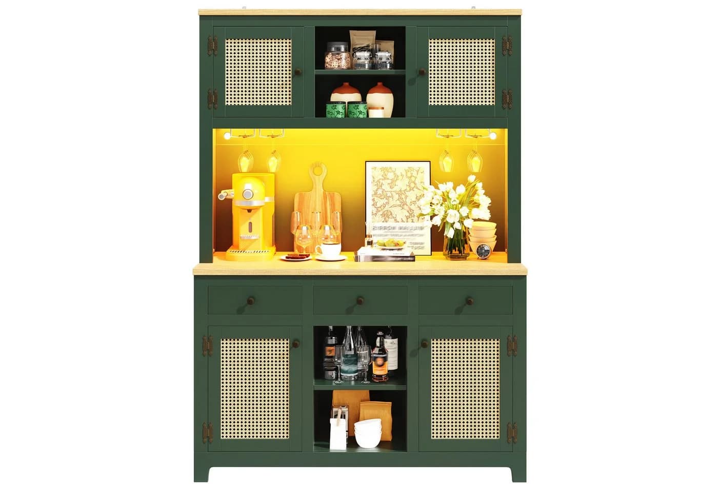 REDOM Hochschrank mit Lichtsystem Antique Green PE-Rattan
