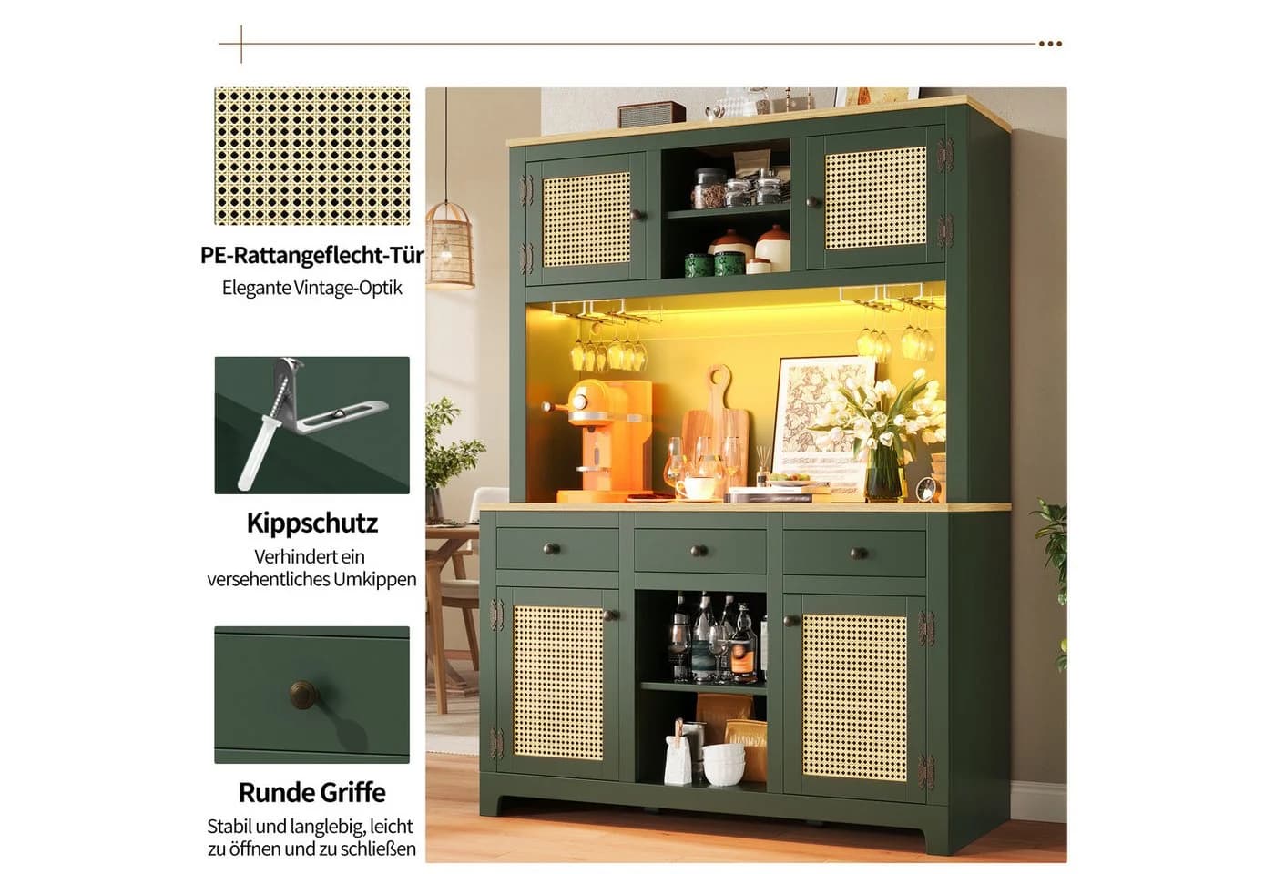REDOM Hochschrank mit Lichtsystem Antique Green PE-Rattan - Bild 5