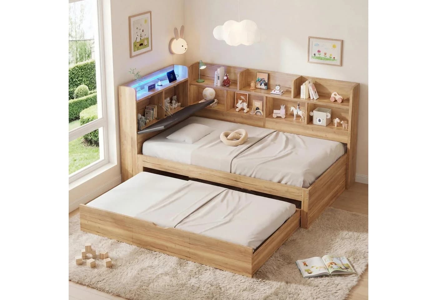 REDOM L-förmiges Holzbett 90x200 cm mit Ausziehbett, LED & USB