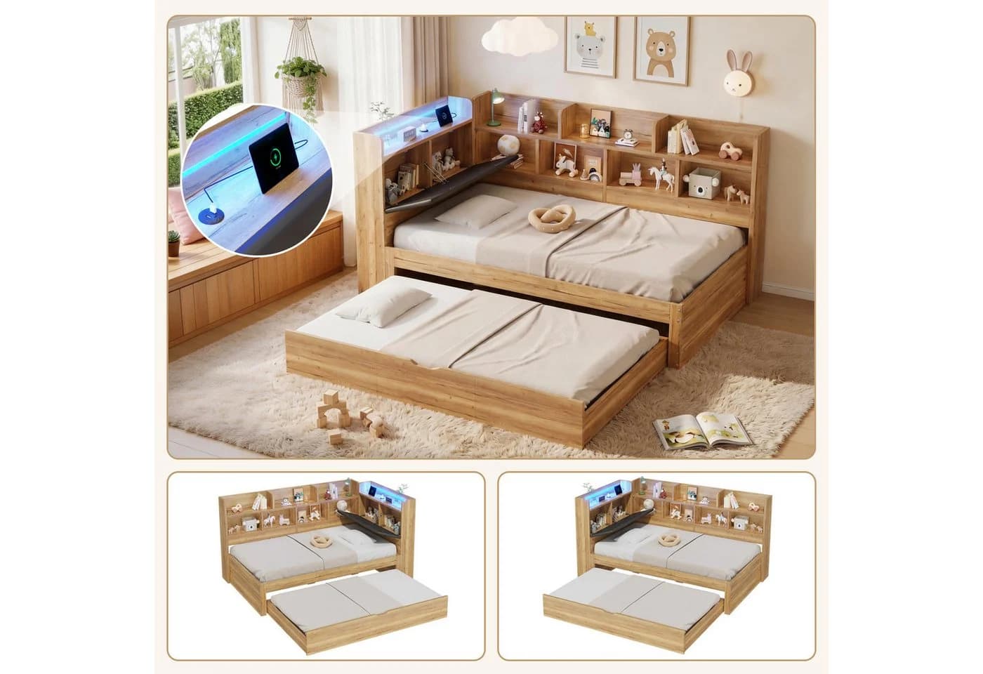 REDOM L-förmiges Holzbett 90x200 cm mit Ausziehbett, LED & USB - Bild 2