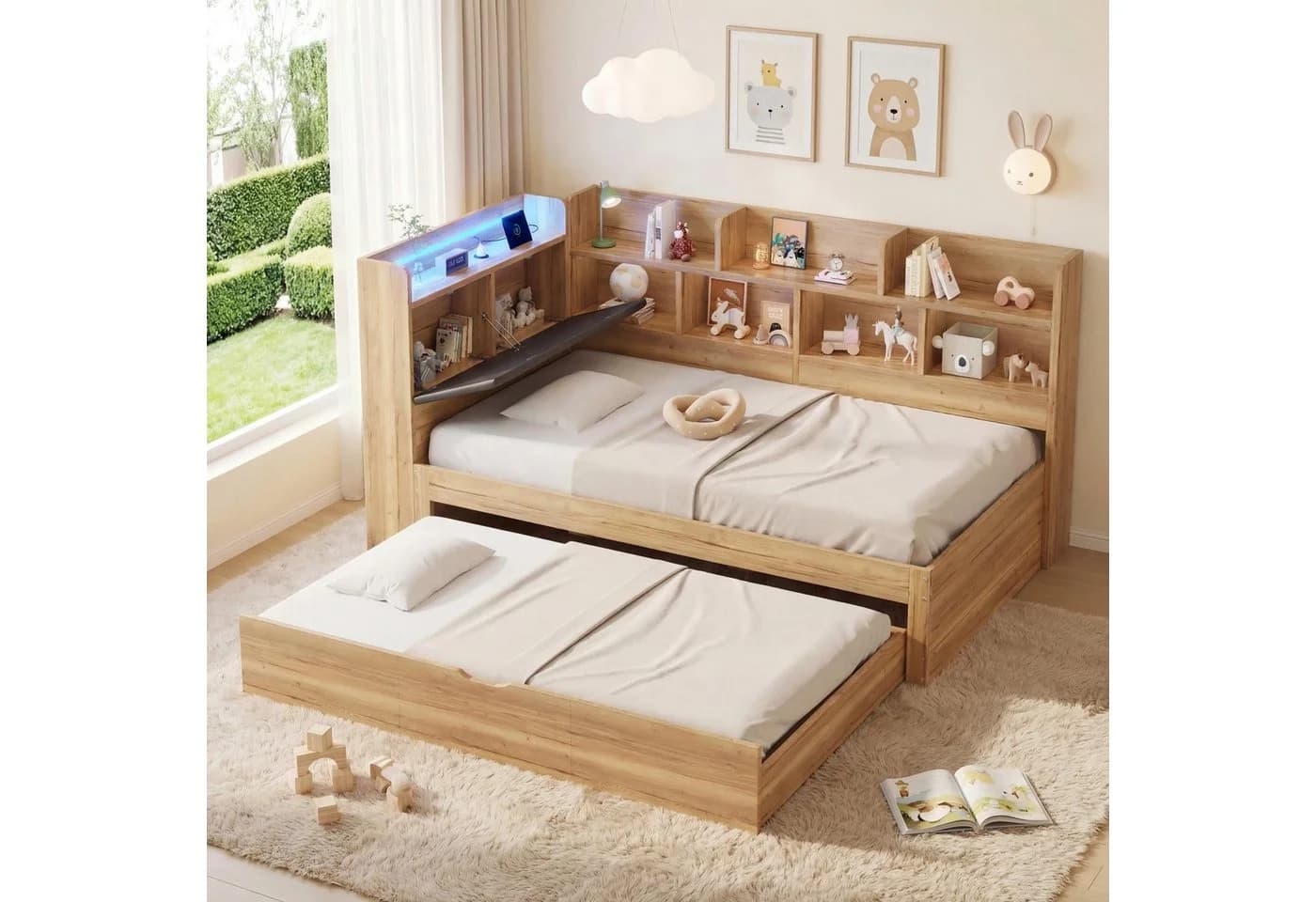 REDOM L-förmiges Holzbett 90x200 cm mit Ausziehbett, LED & USB - Bild 3
