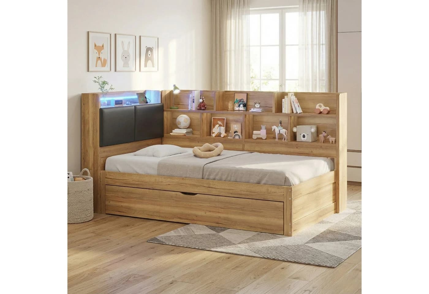 REDOM L-förmiges Holzbett 90x200 cm mit Ausziehbett, LED & USB - Bild 4