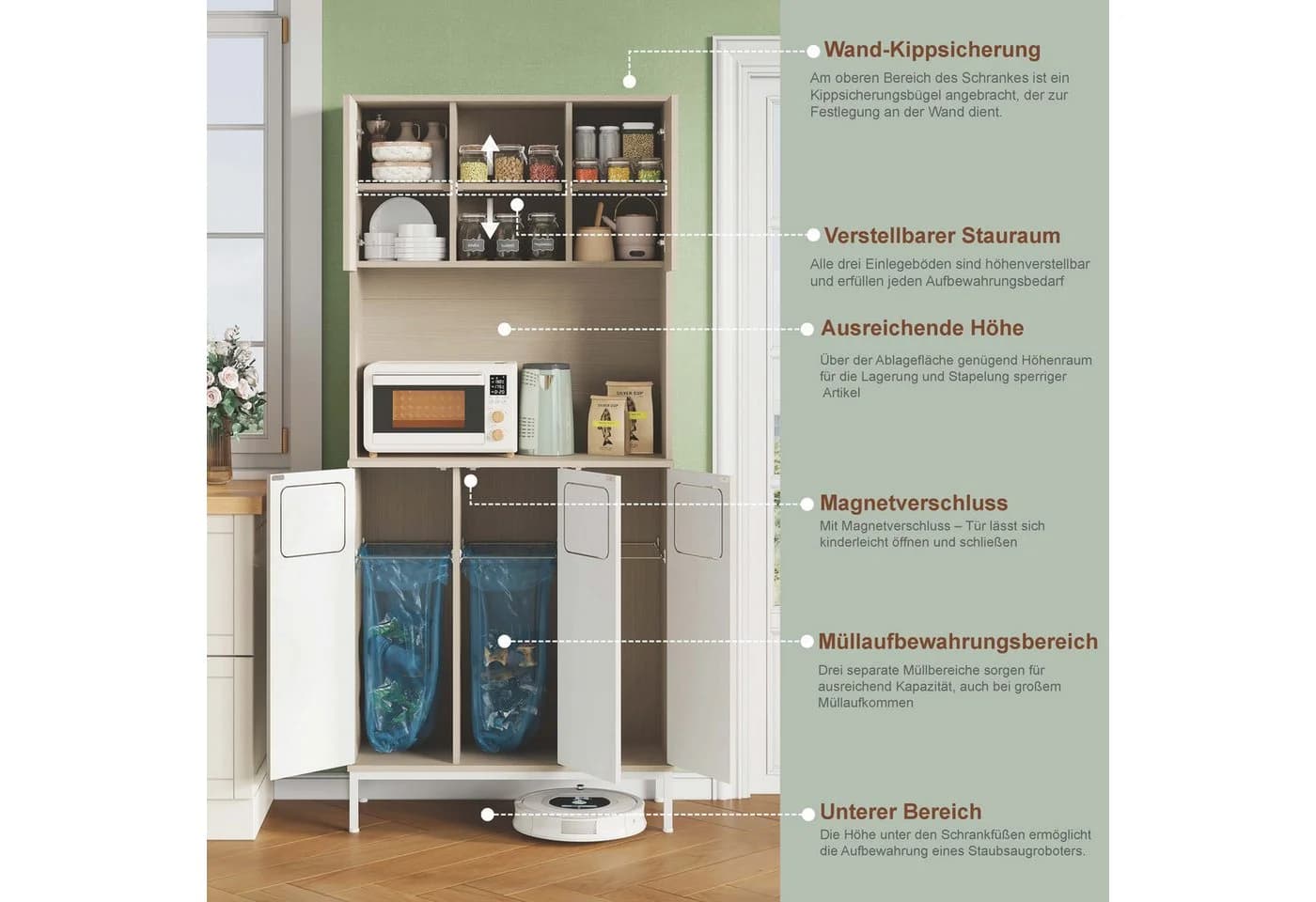 REDOM Küchenbuffet Hellholz-Weiß mit Mülltrennung & Geräteablage - Bild 5