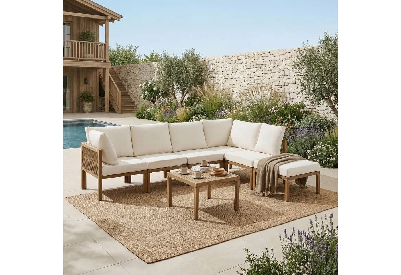 REDOM Gartenlounge-Set 7-tlg. Beige & Holzoptik Modular