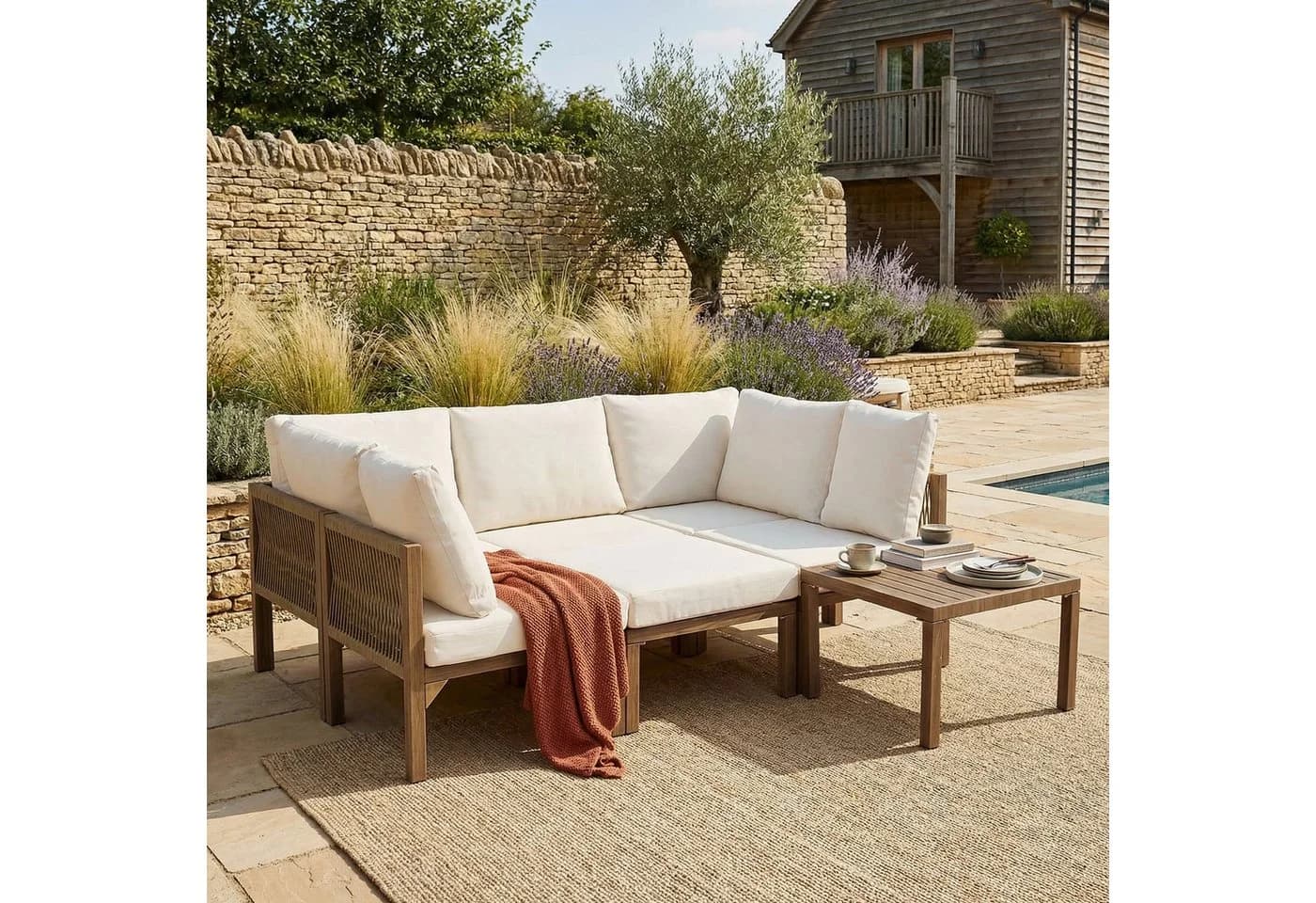 REDOM Gartenlounge-Set 7-tlg. Beige & Holzoptik Modular - Bild 2