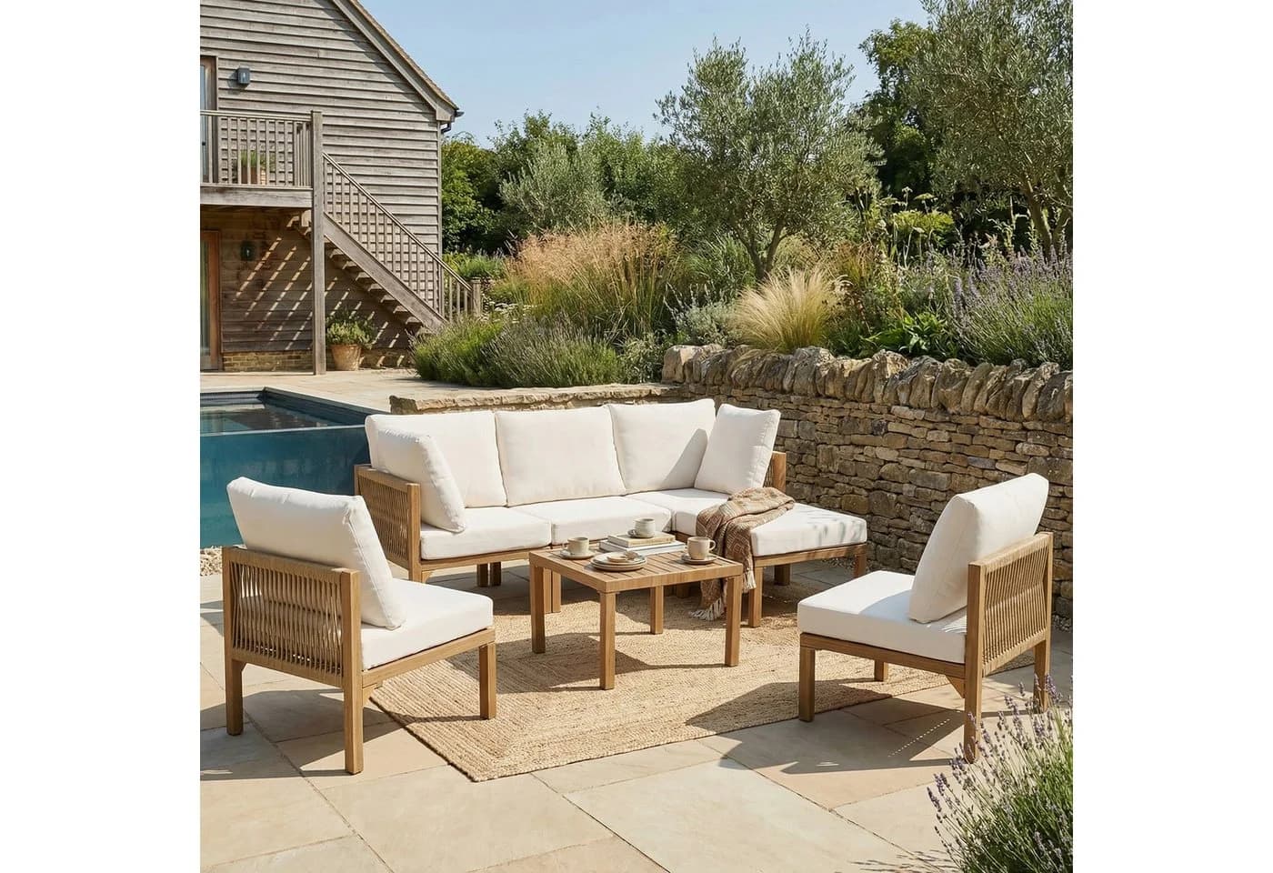 REDOM Gartenlounge-Set 7-tlg. Beige & Holzoptik Modular - Bild 3