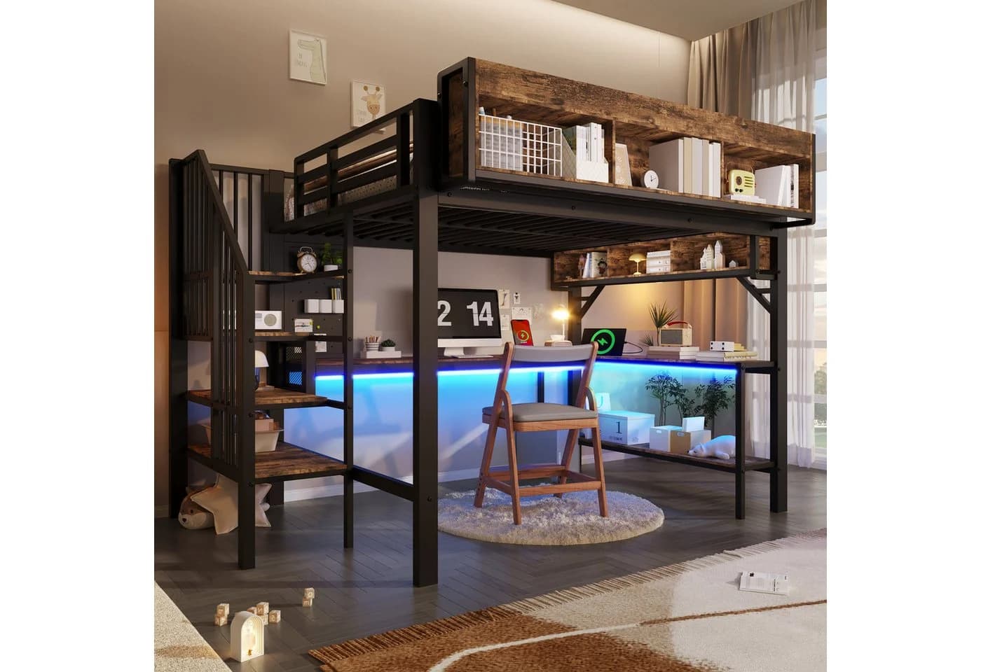 REDOM Hochbett mit Schreibtisch & LED Braun-Schwarz - Bild 4