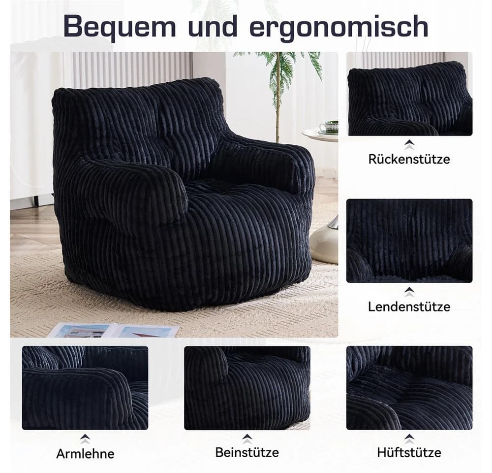 REDOM Sitzsack Bodensofa Schwarz Cord-Stoff Memory-Schaum - Bild 4