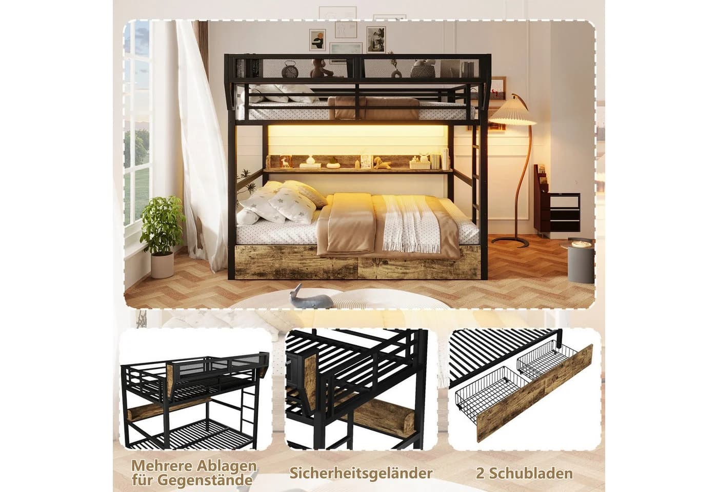 REDOM Metallhochbett mit LED-Licht und Stauraum Schwarz/Weiß