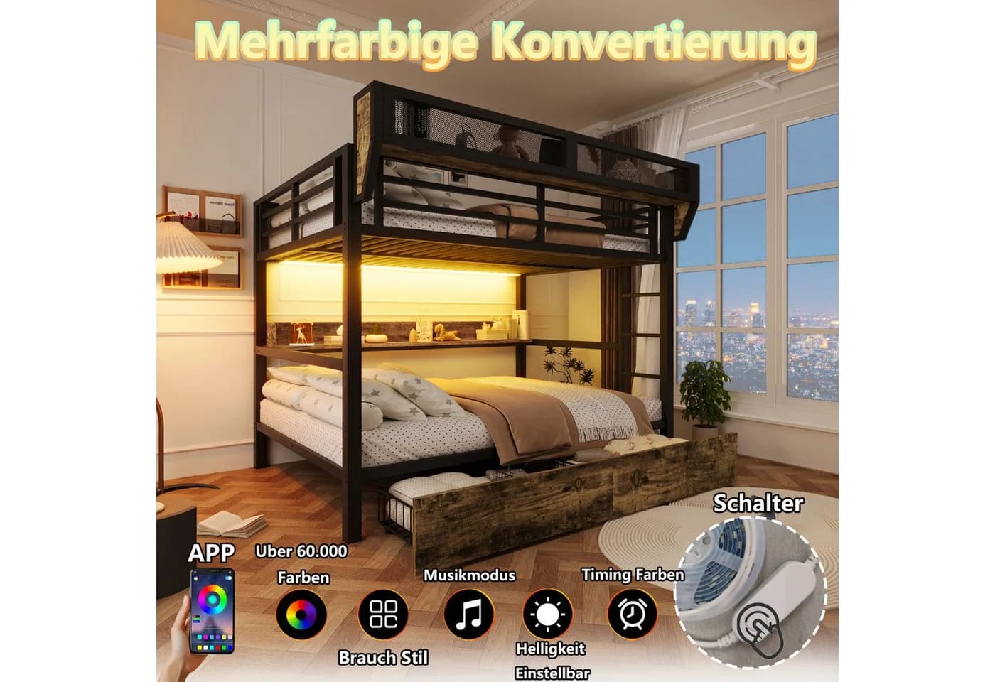 REDOM Metallhochbett mit LED-Licht und Stauraum Schwarz/Weiß - Bild 3