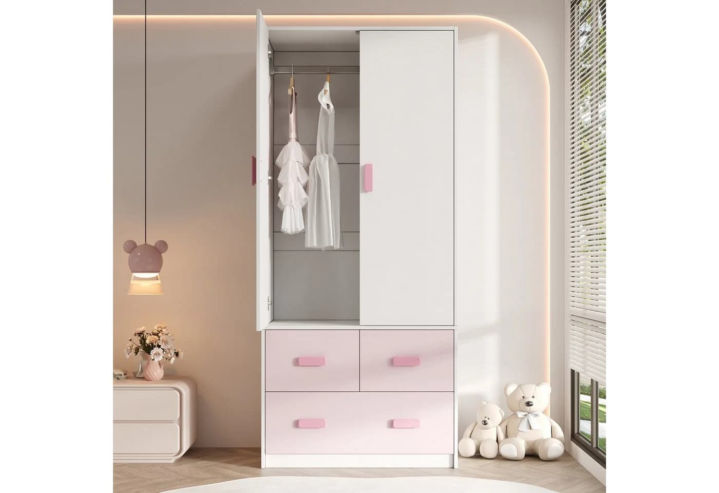 REDOM Kleiderschrank Weiß & Rosa mit Kleiderstange & 3 Schubladen