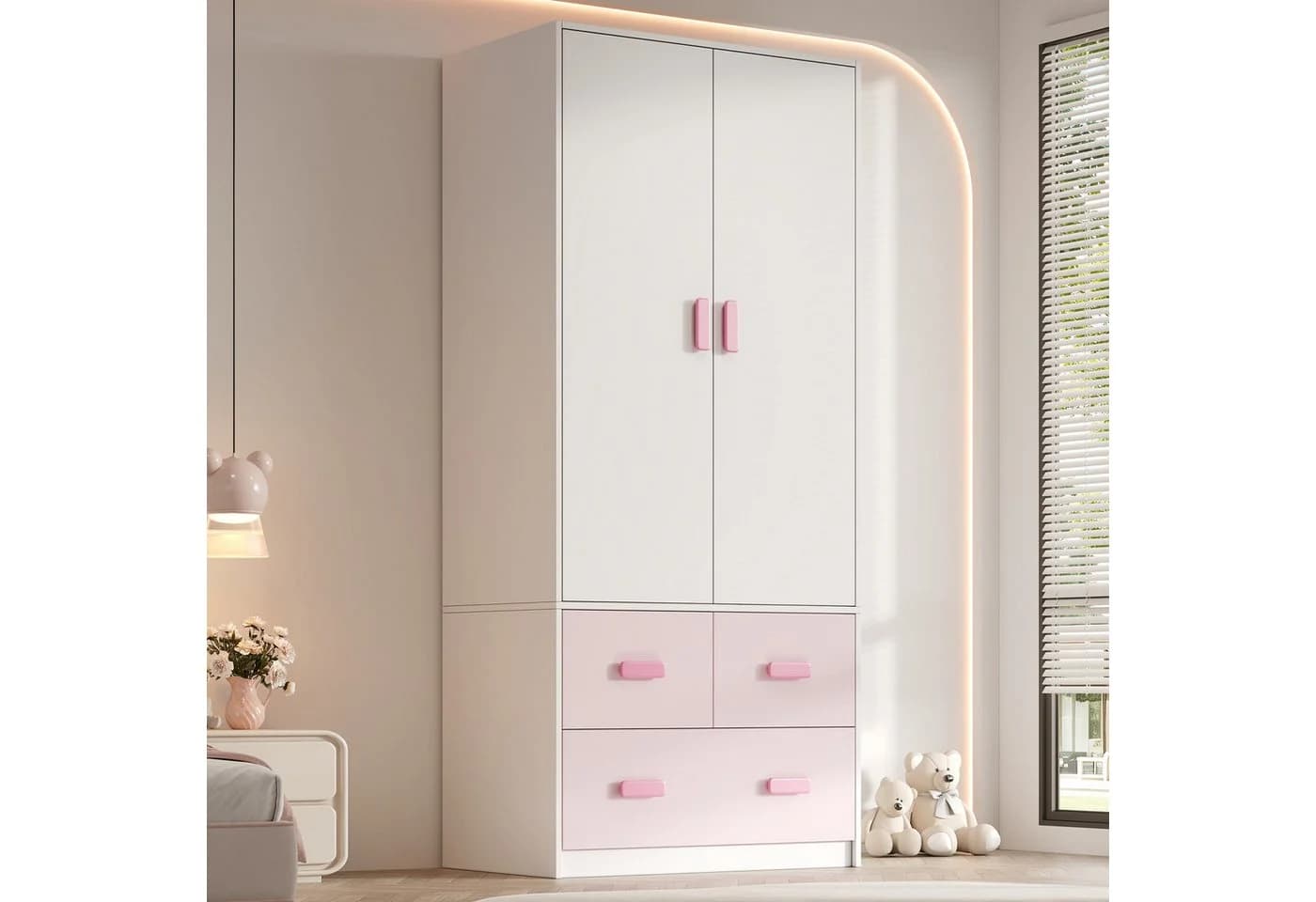 REDOM Kleiderschrank Weiß & Rosa mit Kleiderstange & 3 Schubladen - Bild 2