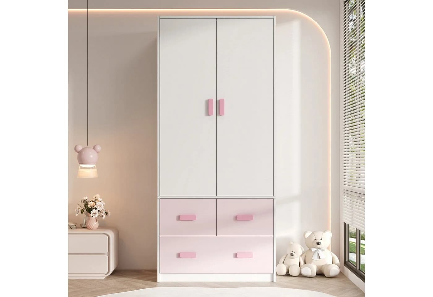 REDOM Kleiderschrank Weiß & Rosa mit Kleiderstange & 3 Schubladen - Bild 4