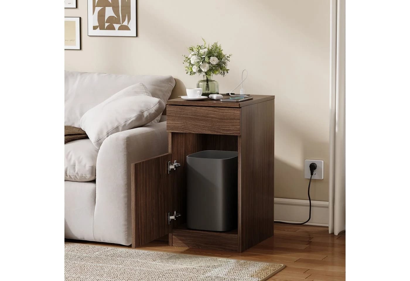 REDOM Nachttisch mit USB-Ports, Steckdose & Mülleimer Braun Nussbaum-Optik