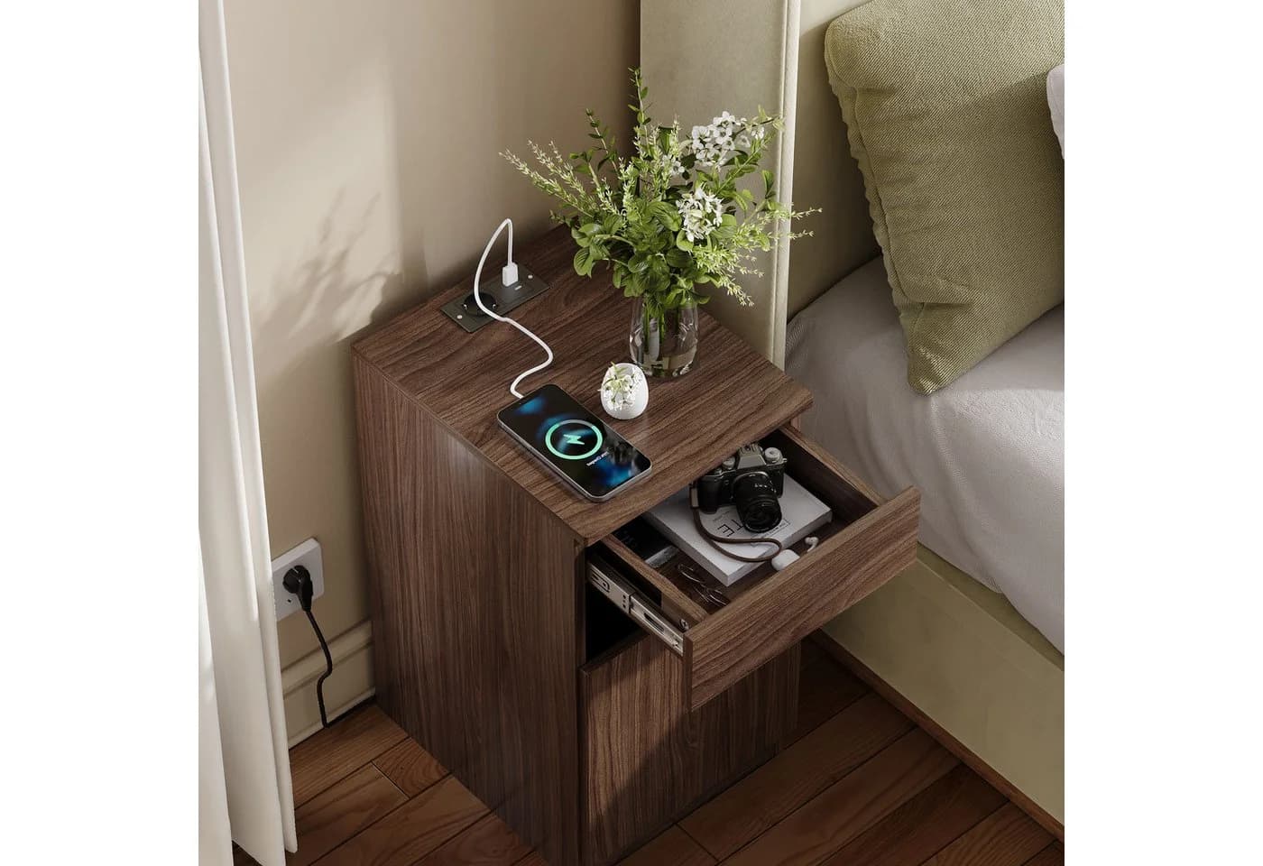 REDOM Nachttisch mit USB-Ports, Steckdose & Mülleimer Braun Nussbaum-Optik - Bild 2