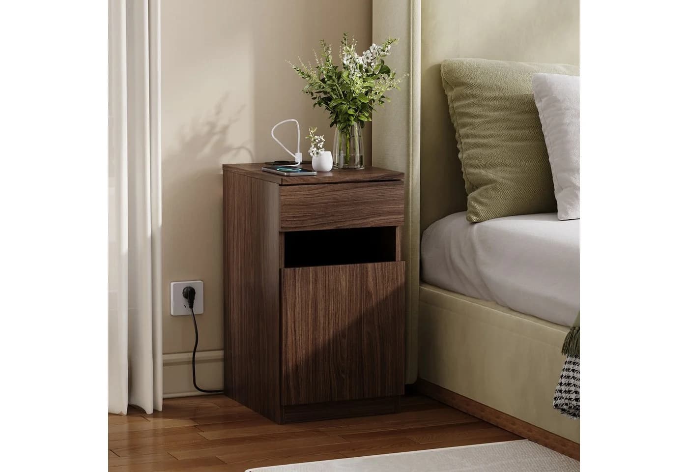 REDOM Nachttisch mit USB-Ports, Steckdose & Mülleimer Braun Nussbaum-Optik - Bild 3