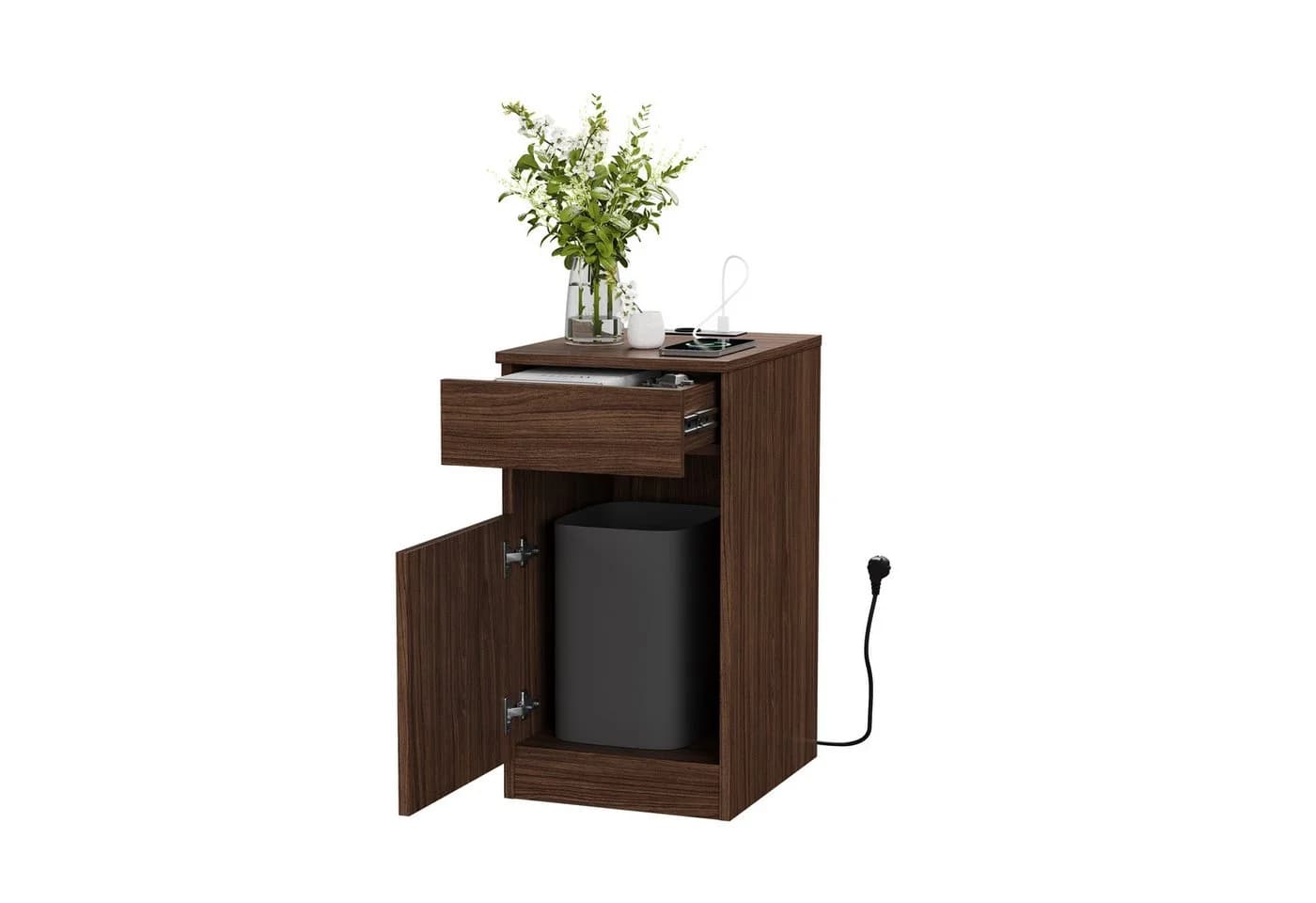 REDOM Nachttisch mit USB-Ports, Steckdose & Mülleimer Braun Nussbaum-Optik - Bild 4