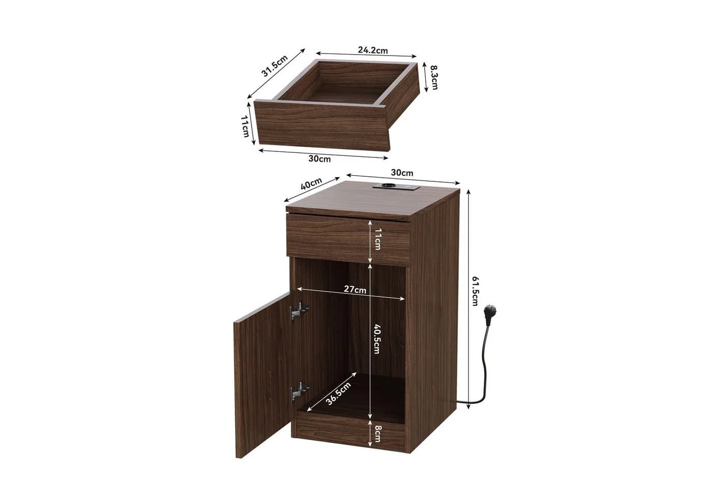 REDOM Nachttisch mit USB-Ports, Steckdose & Mülleimer Braun Nussbaum-Optik - Bild 5