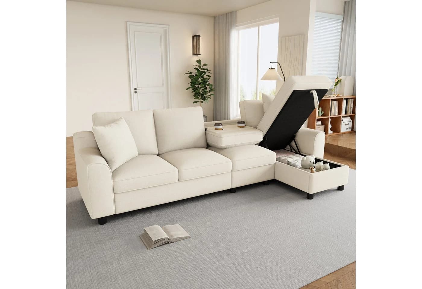 REDOM L-förmiges Chenille Sofa Beige mit Stauraum und Getränkehalter - Bild 2