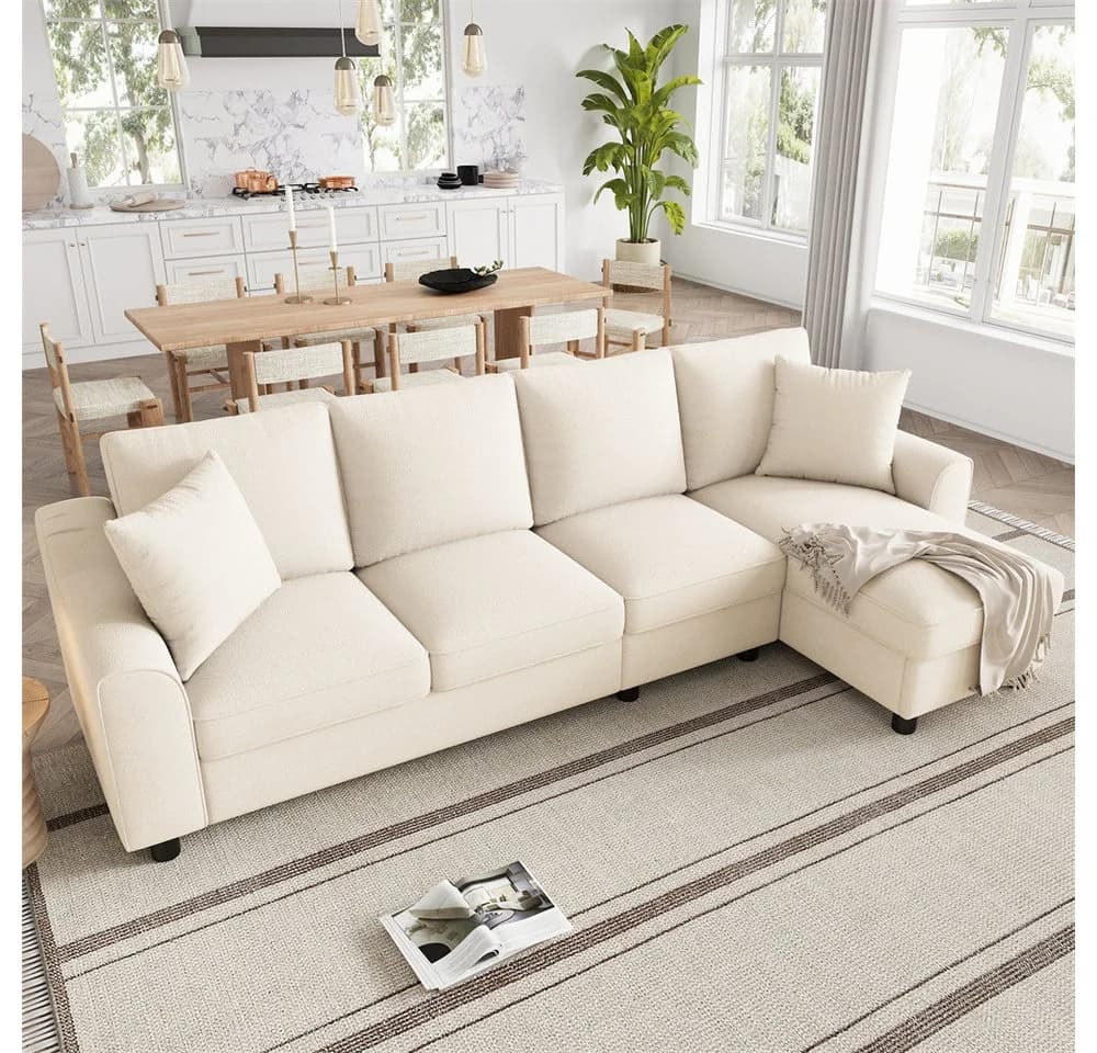 REDOM L-förmiges Chenille Sofa Beige mit Stauraum und Getränkehalter - Bild 3