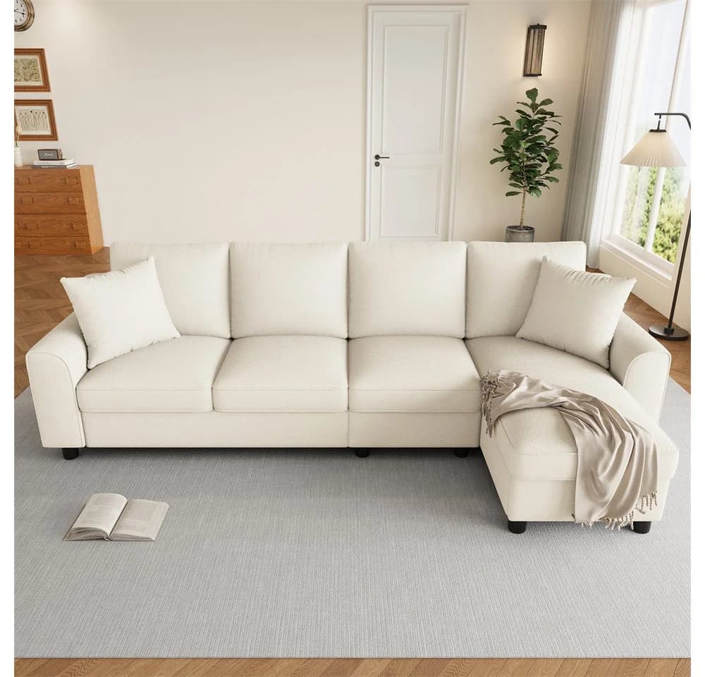 REDOM L-förmiges Chenille Sofa Beige mit Stauraum und Getränkehalter - Bild 4