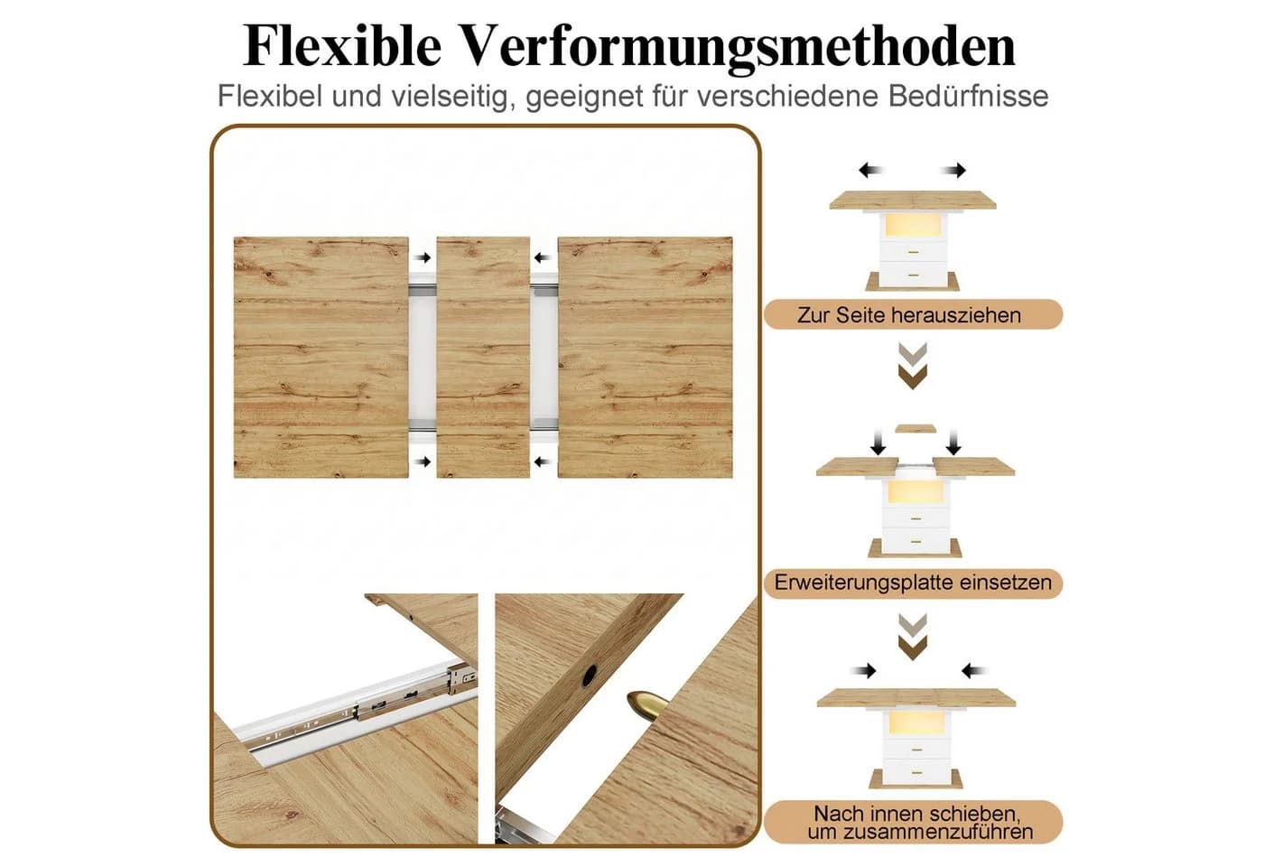 REDOM Ausziehbarer Esstisch mit LED-Beleuchtung und Stauraum Weiß - Bild 5