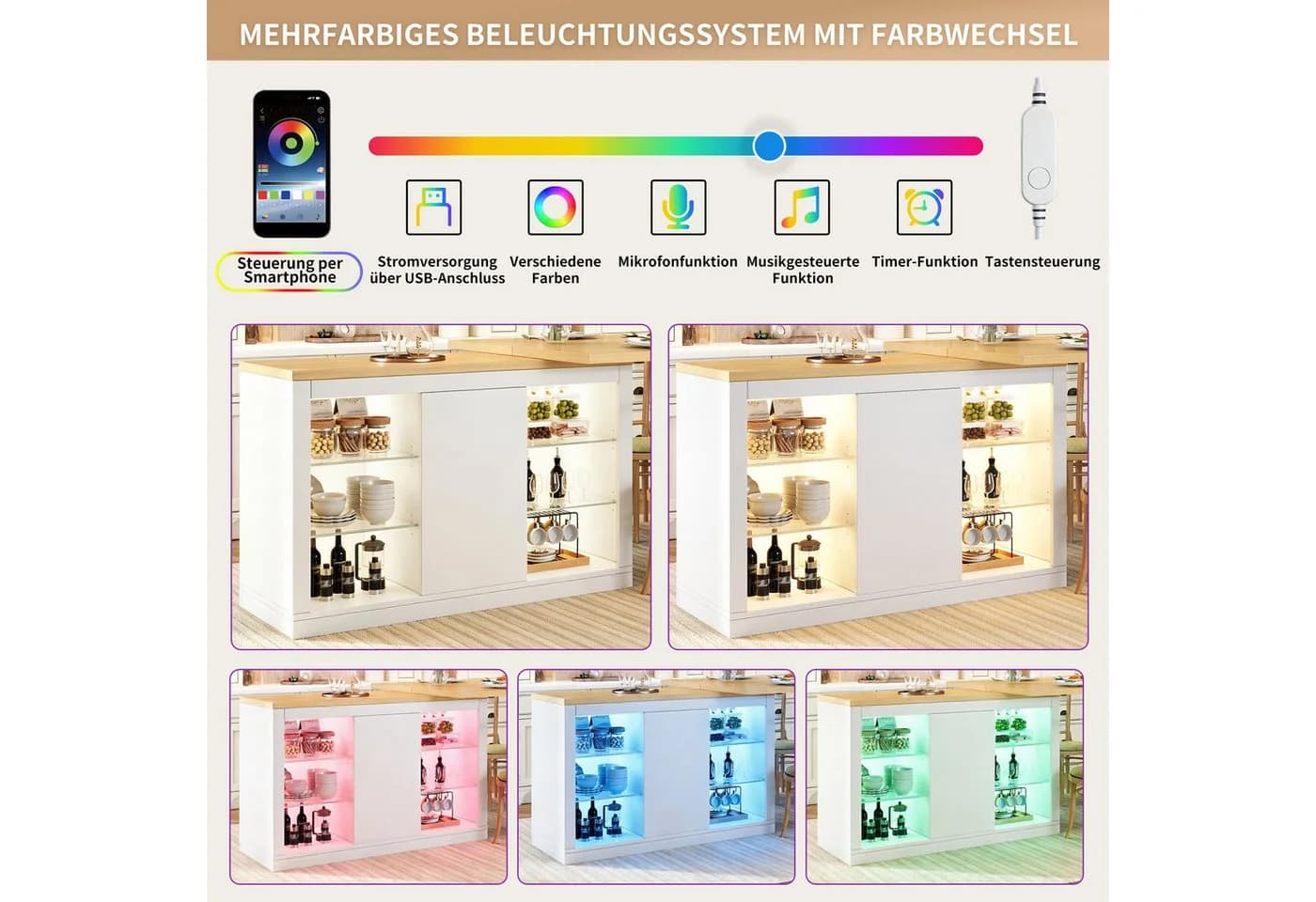 REDOM Kücheninsel mit LED, drehbar & ausziehbar, weiß - Bild 5