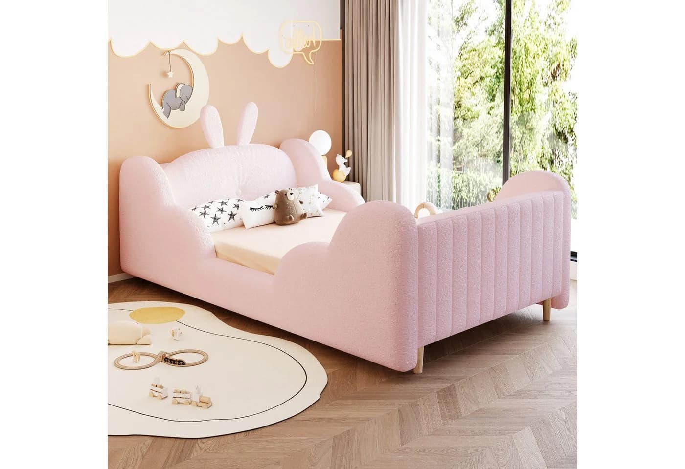 REDOM Kinderbett Polsterbett Rosa mit Teddy-Samt-Bezug und Hasenkissen
