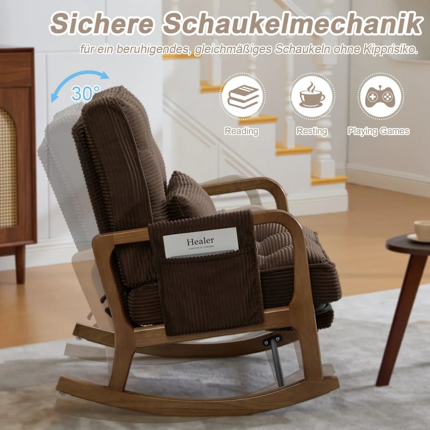 REDOM Schaukelstuhl mit Fußstütze & verstellbarer Lehne Cord Braun - Bild 5