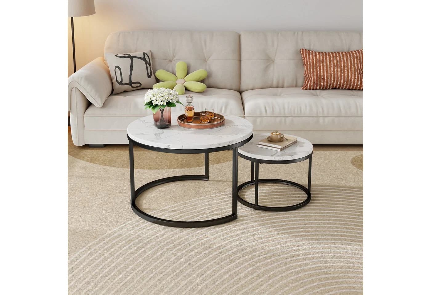 REDOM Nesting Couchtisch 2-tlg. Marmoroptik Schwarz Stahl