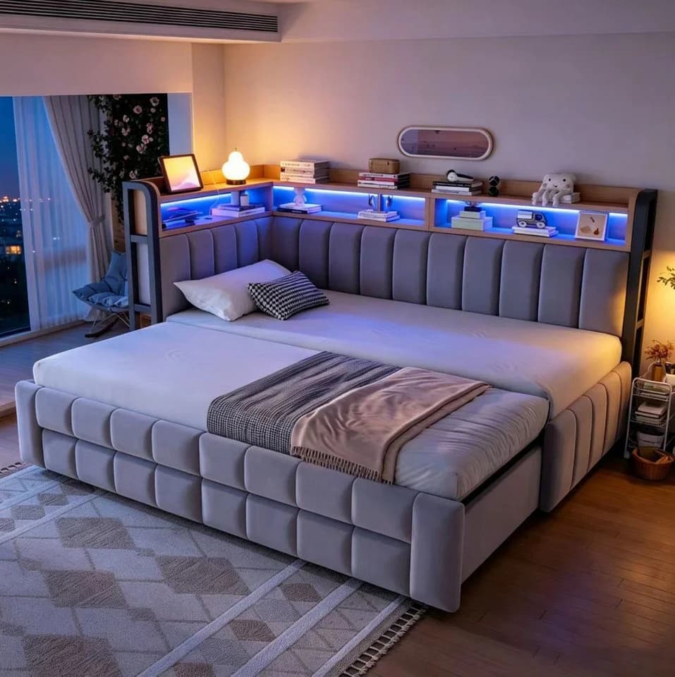 REDOM Schlafsofa Beige Samt mit LED, USB & Stauraum - Bild 2