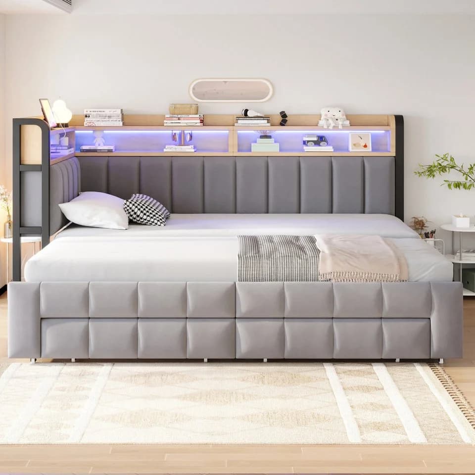 REDOM Schlafsofa Beige Samt mit LED, USB & Stauraum - Bild 3