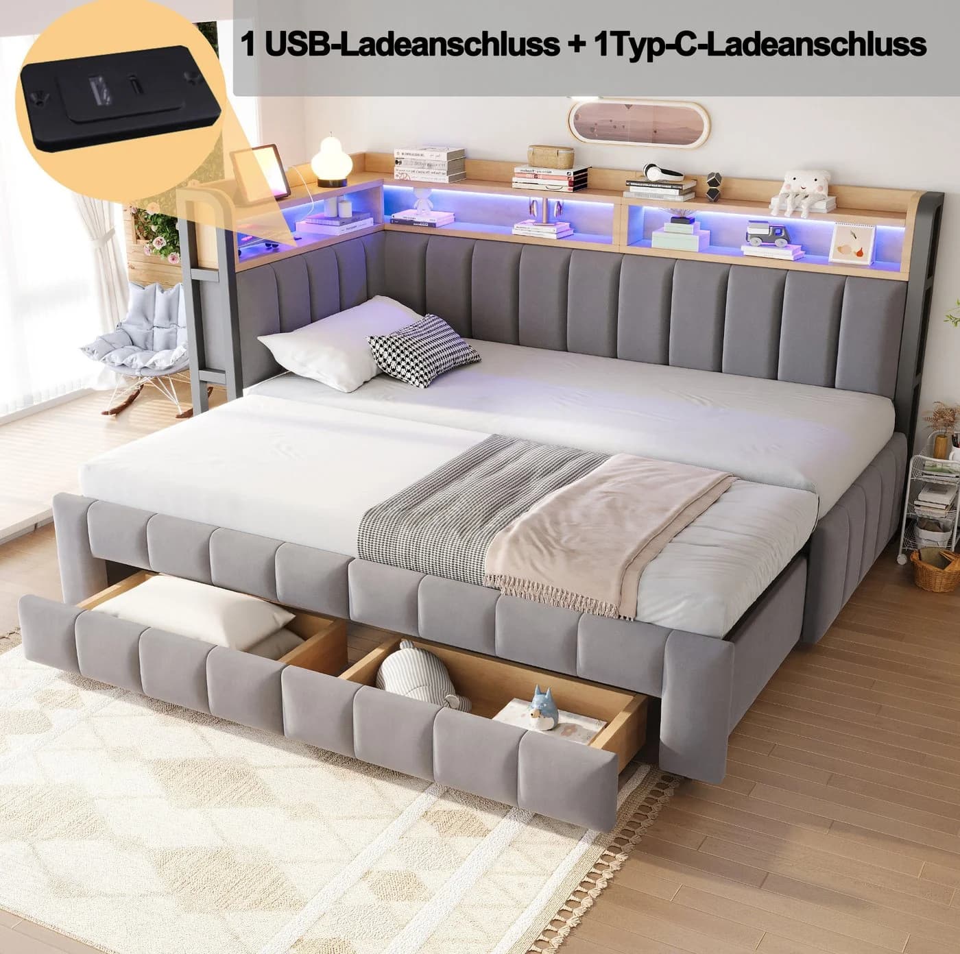 REDOM Schlafsofa Beige Samt mit LED, USB & Stauraum - Bild 4
