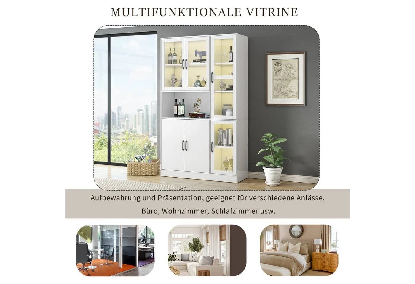 HAUSS SPOLE Vitrine 120 x 40 x 200cm mit LED-Licht und Türen für Wohnzimmer Weiß