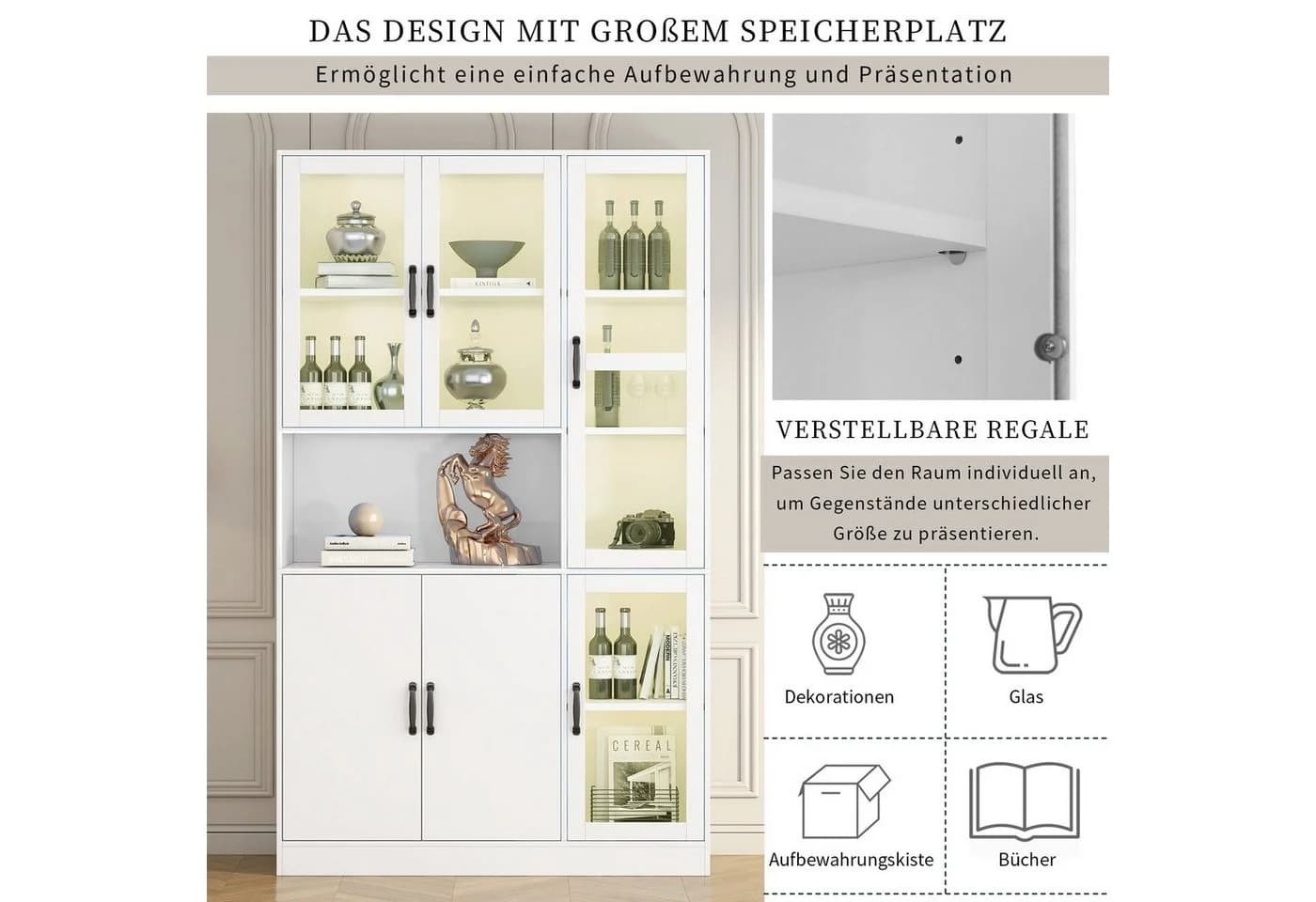 HAUSS SPOLE Vitrine 120 x 40 x 200cm mit LED-Licht und Türen für Wohnzimmer Weiß - Bild 4