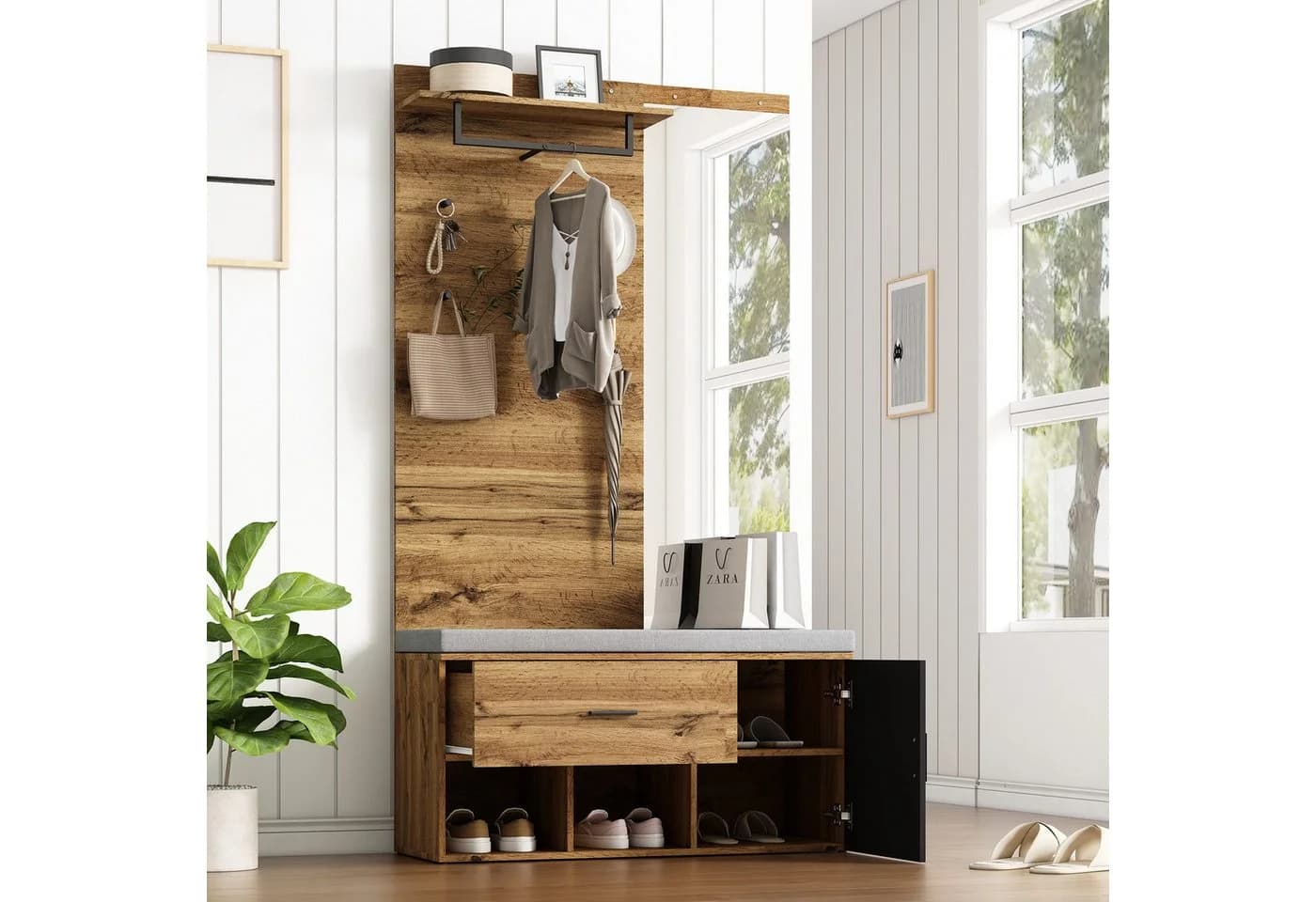 HAUSS SPOLE Garderoben-Set mit Spiegel, Schuhbank mit Polster, Schuhschrank, Regal, Kleiderhaken