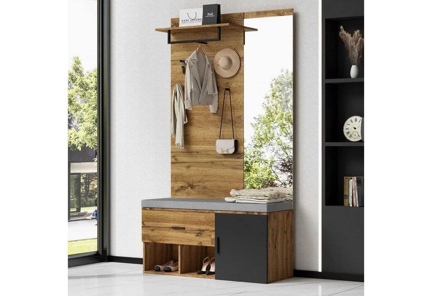 HAUSS SPOLE Garderoben-Set mit Spiegel, Schuhbank mit Polster, Schuhschrank, Regal, Kleiderhaken - Bild 2