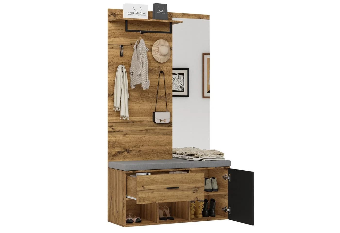 HAUSS SPOLE Garderoben-Set mit Spiegel, Schuhbank mit Polster, Schuhschrank, Regal, Kleiderhaken - Bild 3