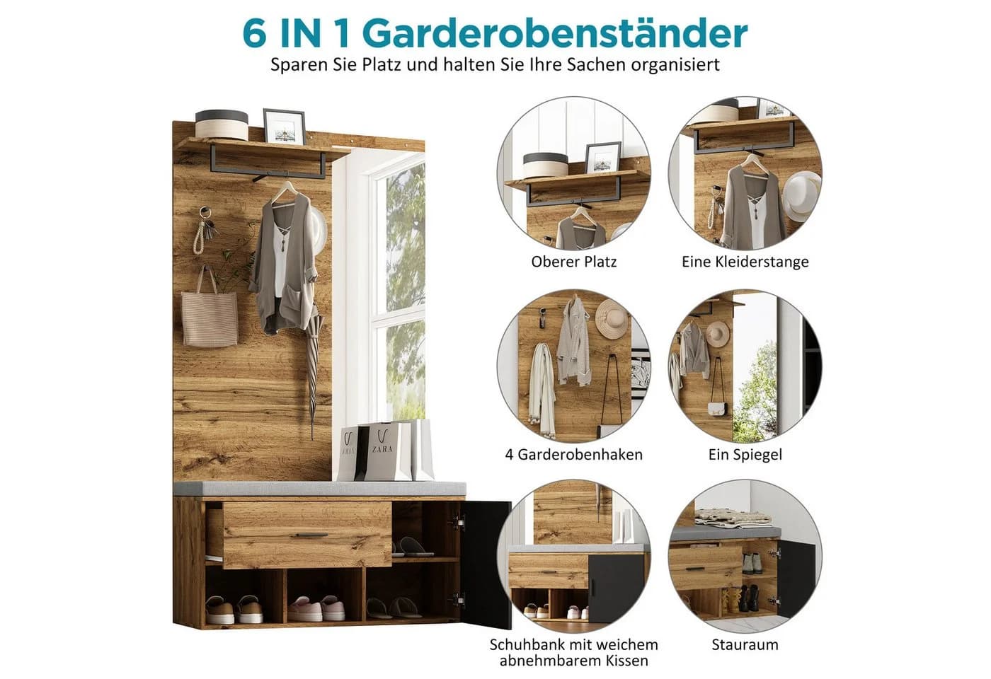 HAUSS SPOLE Garderoben-Set mit Spiegel, Schuhbank mit Polster, Schuhschrank, Regal, Kleiderhaken - Bild 5