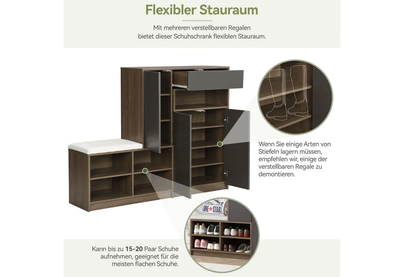 HAUSS SPOLE Schuhschrank Grau mit gepolstertem Sitz und verstellbaren Regalen - Bild 3