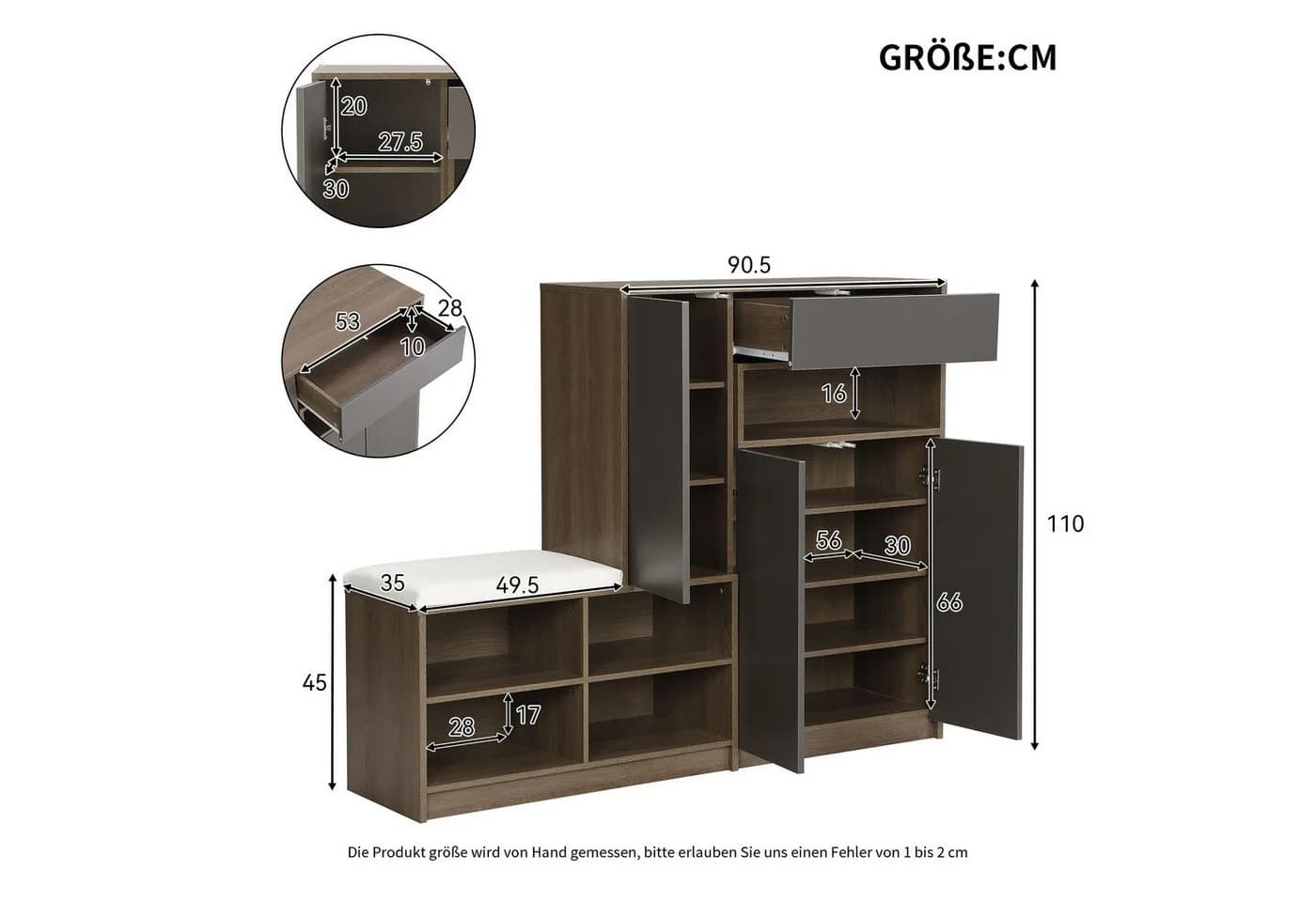 HAUSS SPOLE Schuhschrank Grau mit gepolstertem Sitz und verstellbaren Regalen - Bild 4
