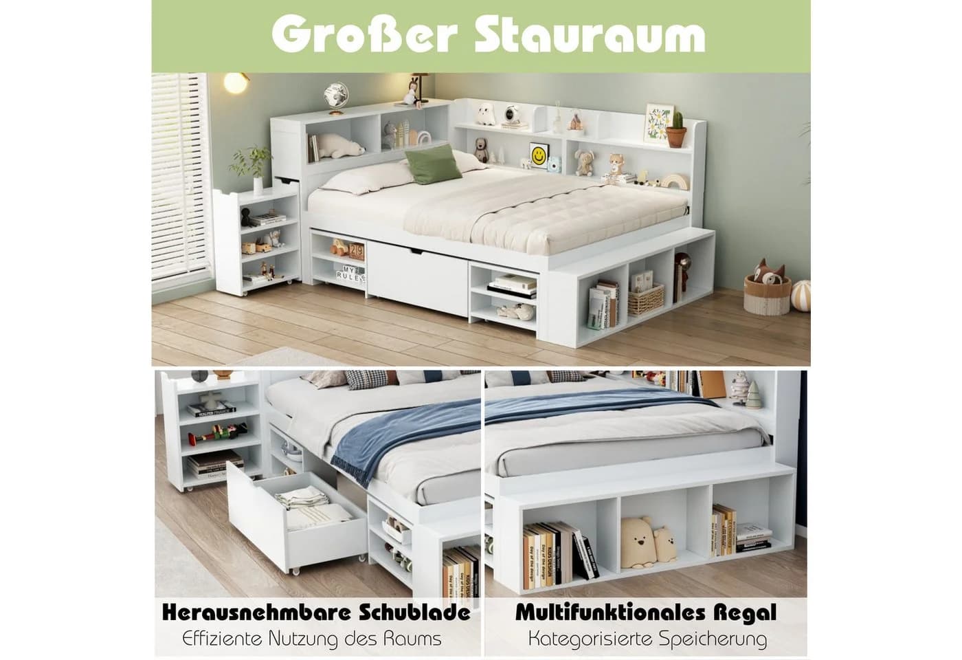 HAUSS SPOLE Holzbett 140x200 mit Schubladen, Regal & Stauschrank Weiß - Bild 4