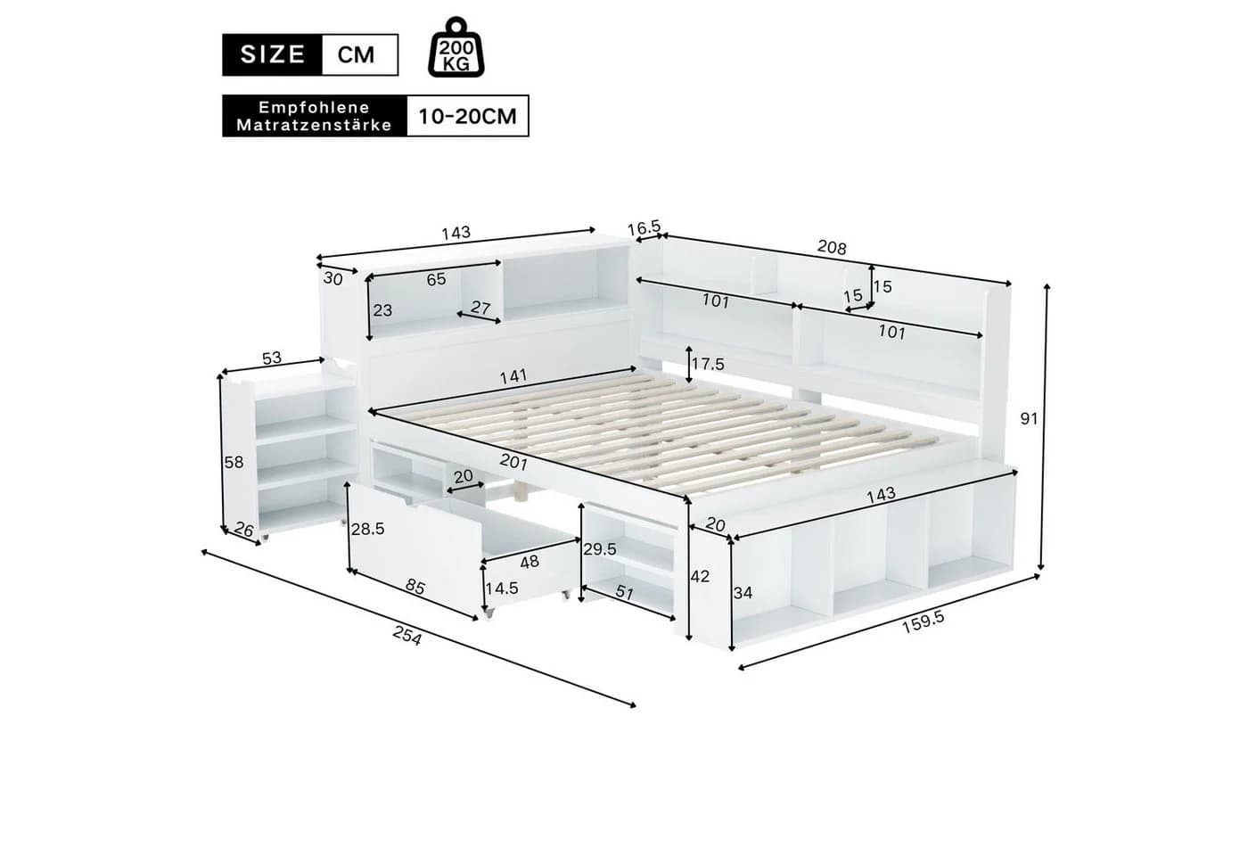 HAUSS SPOLE Holzbett 140x200 mit Schubladen, Regal & Stauschrank Weiß - Bild 5