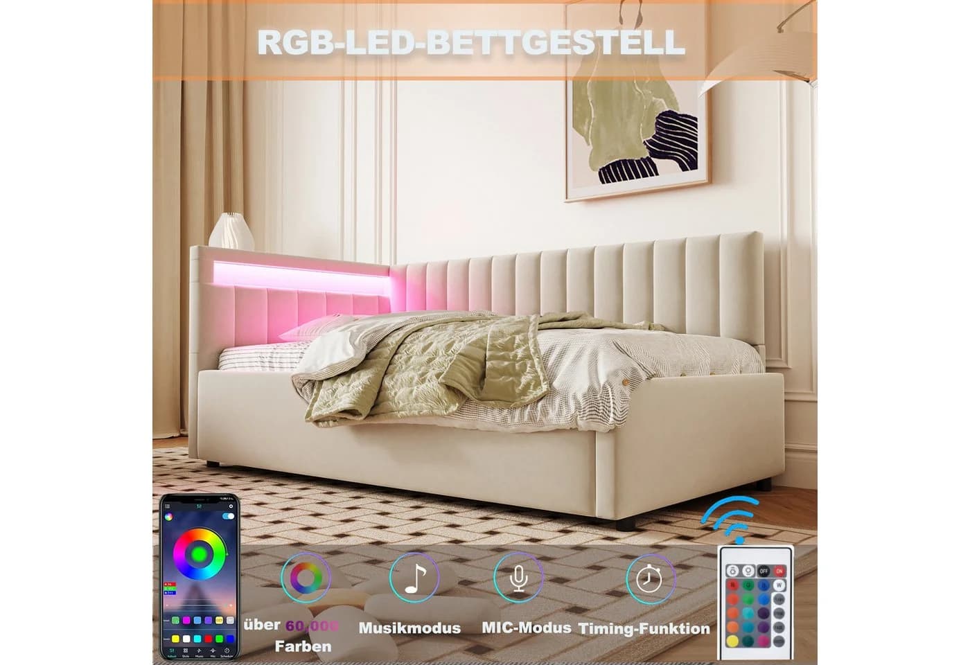 HAUSS SPOLE Schlafsofa 90x200 Samt Beige mit LED & Stauraum