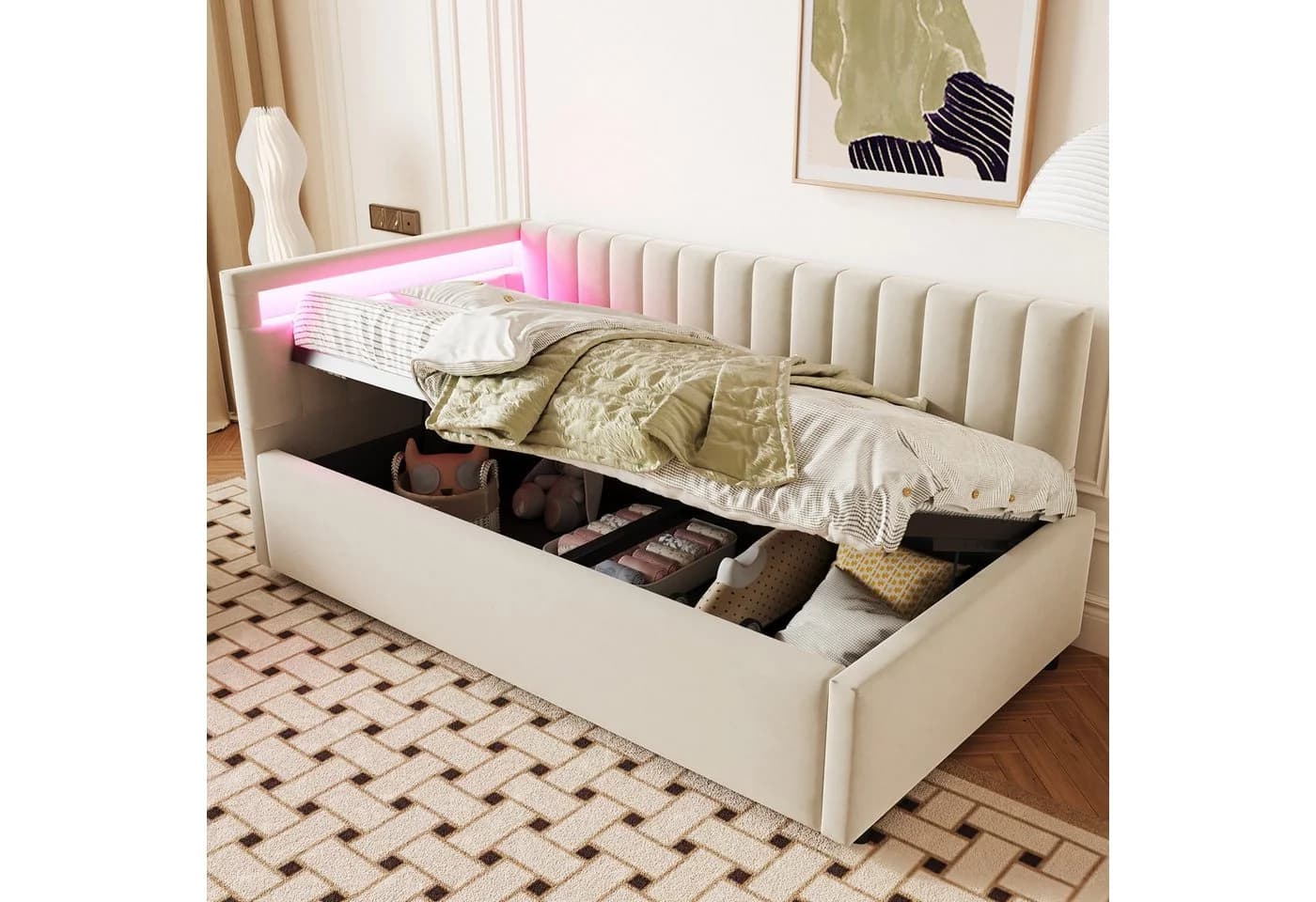 HAUSS SPOLE Schlafsofa 90x200 Samt Beige mit LED & Stauraum - Bild 2