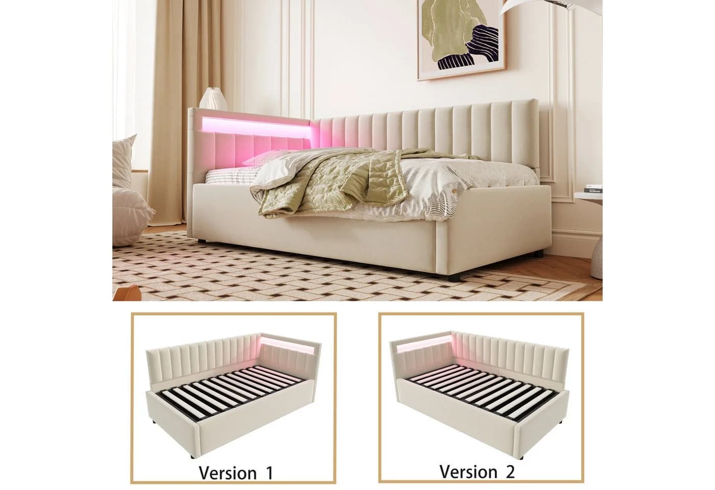 HAUSS SPOLE Schlafsofa 90x200 Samt Beige mit LED & Stauraum - Bild 3