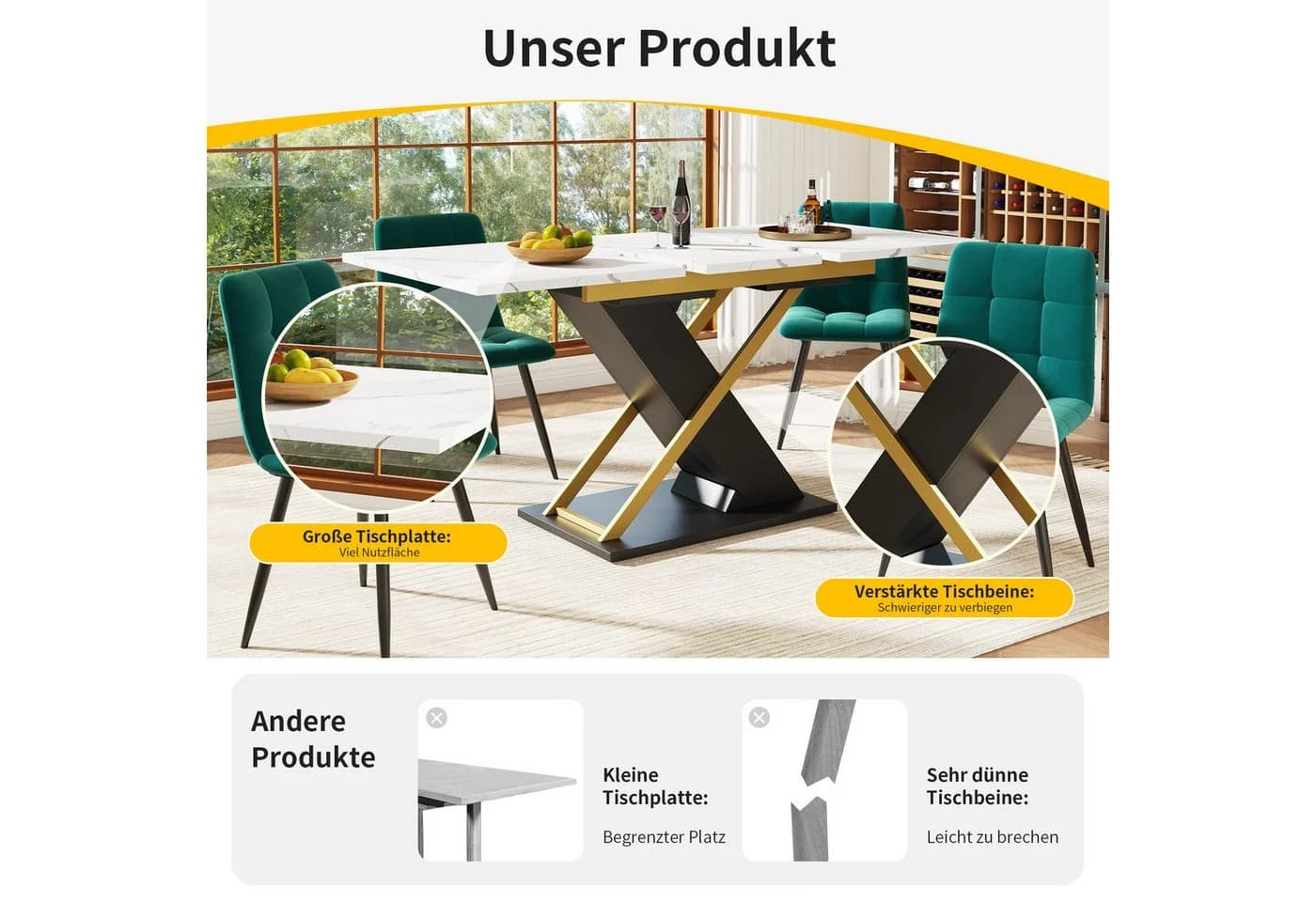 HAUSS SPOLE Esstisch Ausziehtisch 120-160×80cm Marmormuster Goldene Kreuzbeine - Bild 3