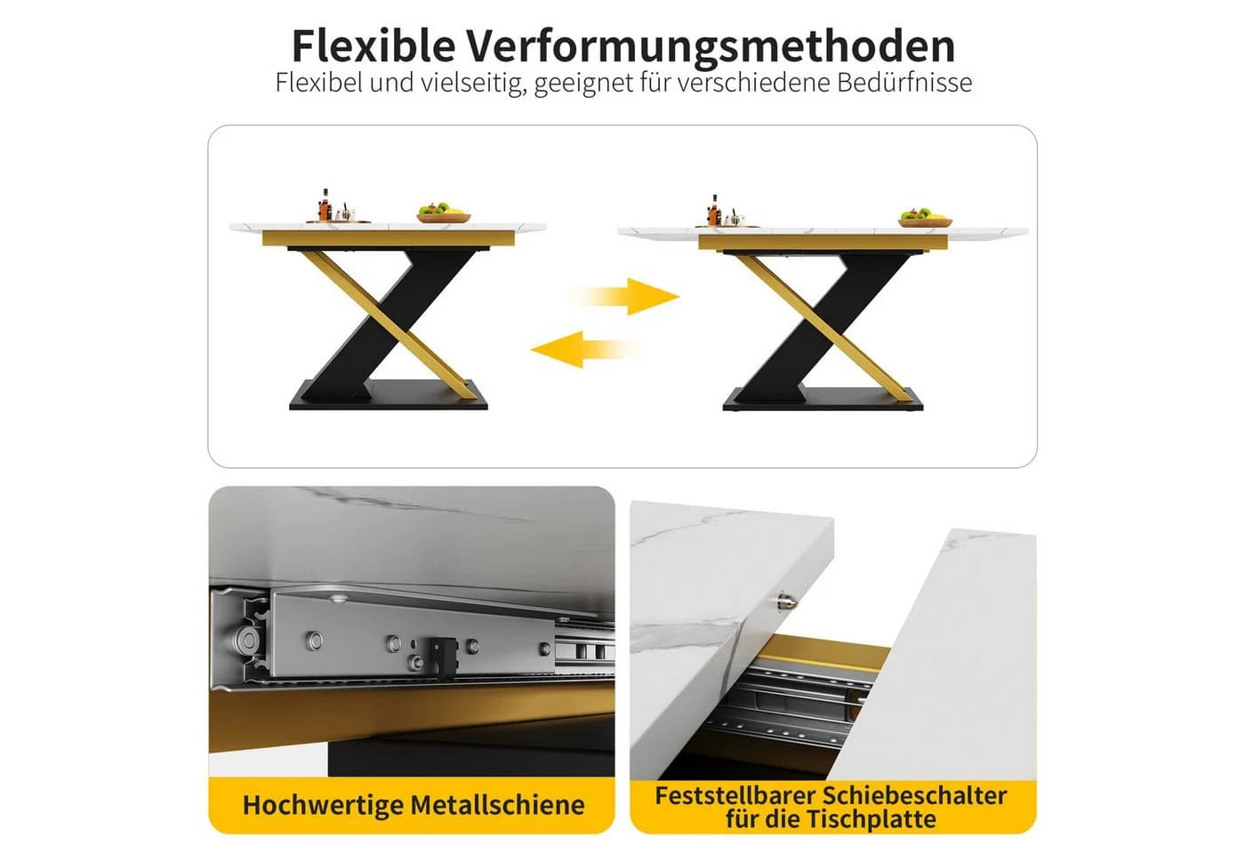 HAUSS SPOLE Esstisch Ausziehtisch 120-160×80cm Marmormuster Goldene Kreuzbeine - Bild 4