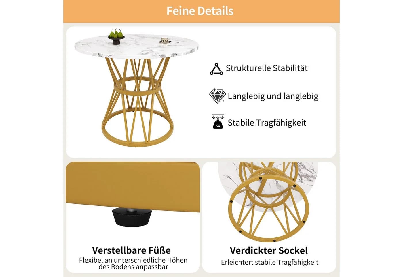 HAUSS SPOLE Runder Esstisch Gold MDF Marmorimitat - Bild 5
